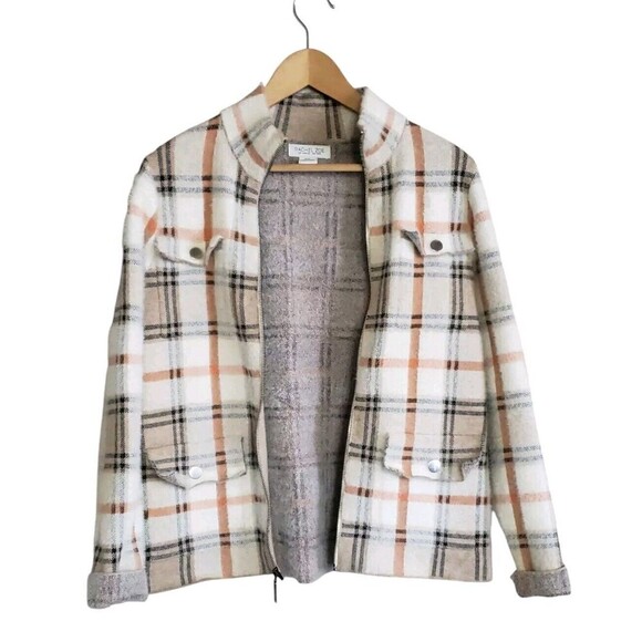 Rachel Zoe Knit Fuzzy Shacket Women's Medium Full Zip Tan Plaid  Soft Pockets - Picture 2 of 9